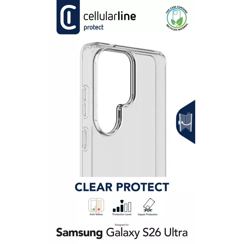 Cellularline Clear Protect - Galaxy S26 Ultra kietas dėklas su guminiais kraštais
