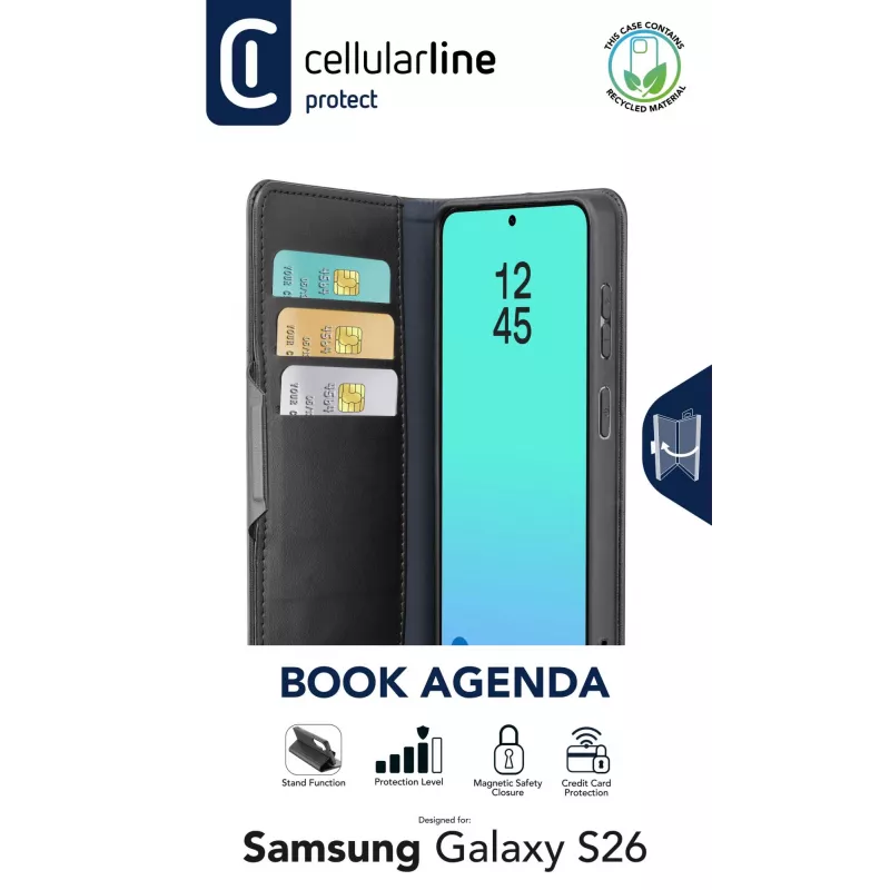 Cellularline Book Agenda - Galaxy S26 knygos tipo dėklas su dirbtinės odos apdaila, magnetiniu užsegimu, RFID apsauga ir stovo funkcija.