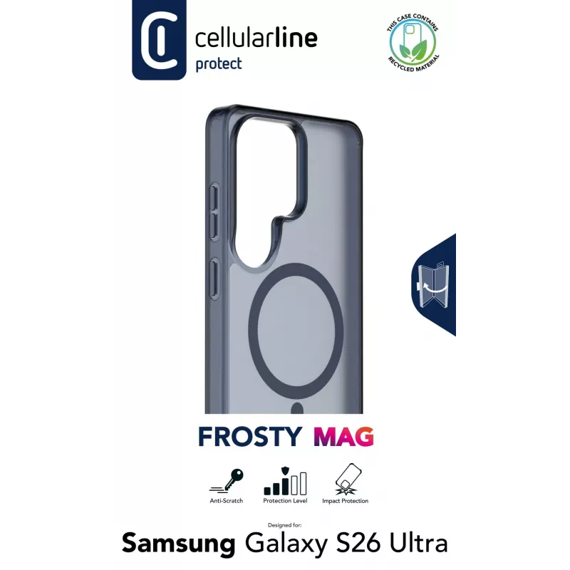 Cellularline FROSTY MAG - Galaxy S26 Ultra pusiau permatomas dėklas su matiniu paviršiumi ir spalvotais kraštais, suderinamas su Qi2 ekosistema ir magnetiniais priedais, skirtais Samsung.