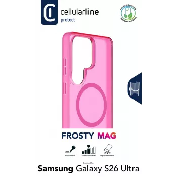 Cellularline FROSTY MAG - Galaxy S26 Ultra pusiau permatomas dėklas su matine apdaila ir spalvotais kraštais, suderinamas su Qi2 ekosistema ir magnetiniais priedais, skirtais Samsung.