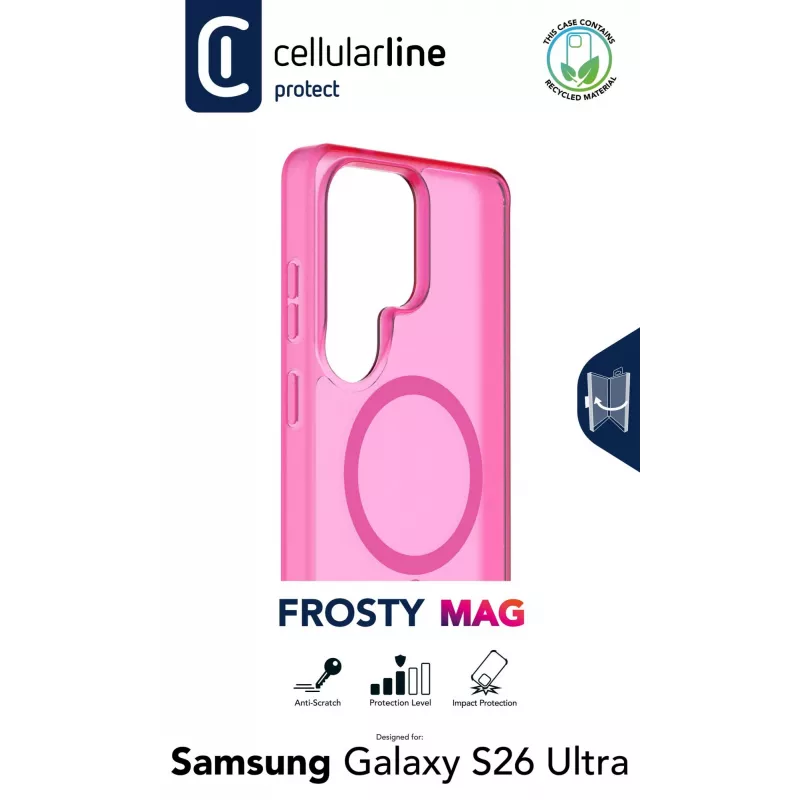 Cellularline FROSTY MAG - Galaxy S26 Ultra pusiau permatomas dėklas su matine apdaila ir spalvotais kraštais, suderinamas su Qi2 ekosistema ir magnetiniais priedais, skirtais Samsung.