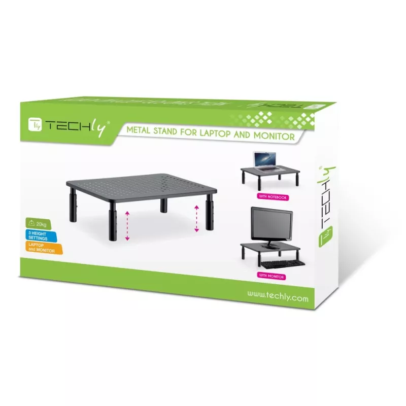 Techly monitoriaus / nešiojamojo kompiuterio stalo stovas, juodas, atskirai pastatomas, 20 kg, aukščio reguliavimas, juoda
