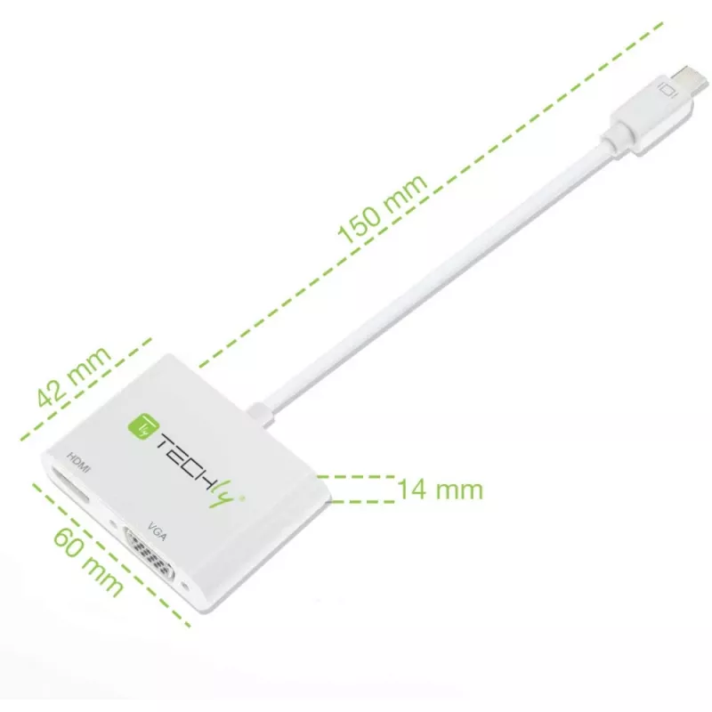Techly Mini DisplayPort į HDMI/VGA adapteris, 0,15 m, Mini DisplayPort, HDMI + VGA (D-Sub), Kištukas, Lizdas, 1920 x 1200 pikselių