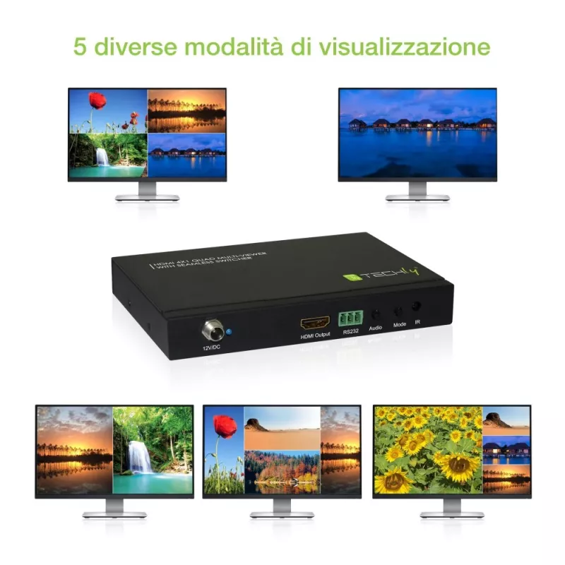 Techly HDMI 4x1 kelių langų peržiūros įrenginys su vientisu perjungikliu, HDMI, Metalas, Juoda, 60 Hz, 1080p, 2,25 Gbit/s
