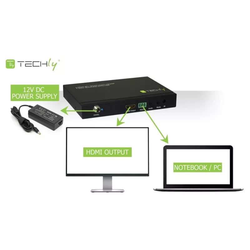Techly HDMI 4x1 kelių langų peržiūros įrenginys su vientisu perjungikliu, HDMI, Metalas, Juoda, 60 Hz, 1080p, 2,25 Gbit/s