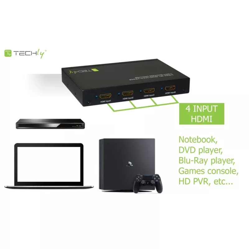 Techly HDMI 4x1 kelių langų peržiūros įrenginys su vientisu perjungikliu, HDMI, Metalas, Juoda, 60 Hz, 1080p, 2,25 Gbit/s