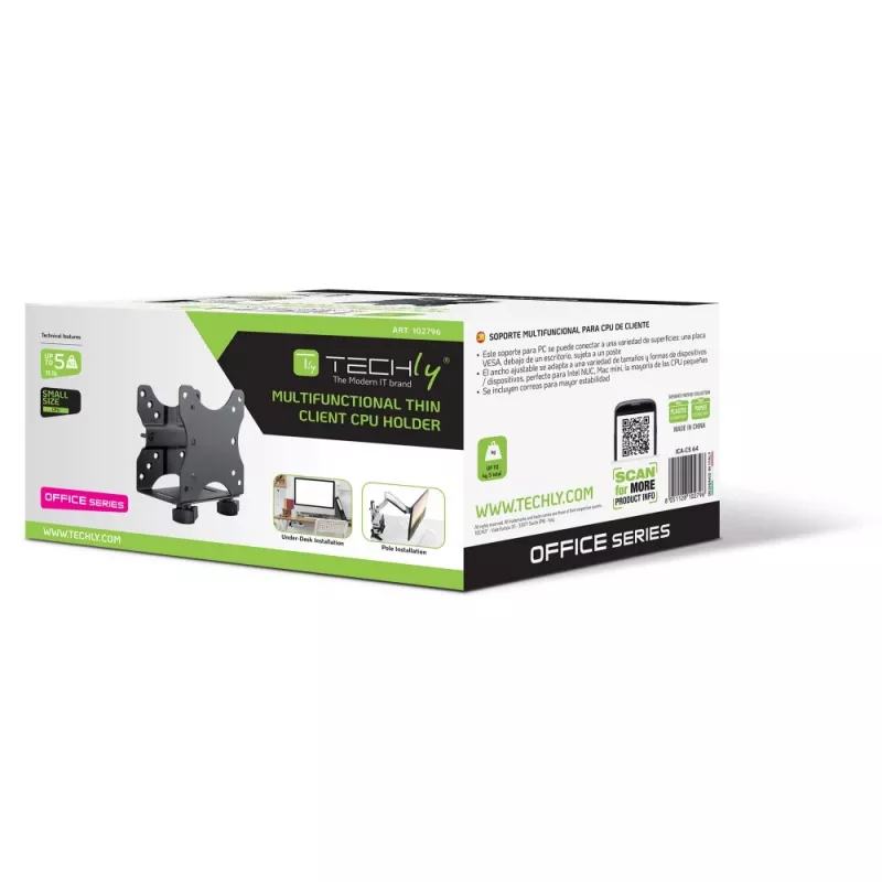 Techly Under Desk Adjustable CPU Support, 5 kg, 75 x 75 mm, 100 x 100 mm, Juoda