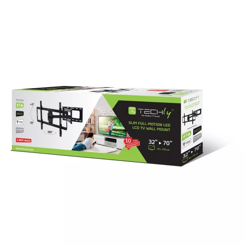 Techly plonas sieninis laikiklis 32-70 col. LCD LED televizoriui, juodas, 81,3 cm (32 col.), 177,8 cm (70 col.), 45 kg, 600 x 400 mm, -10 - 5°, juodas