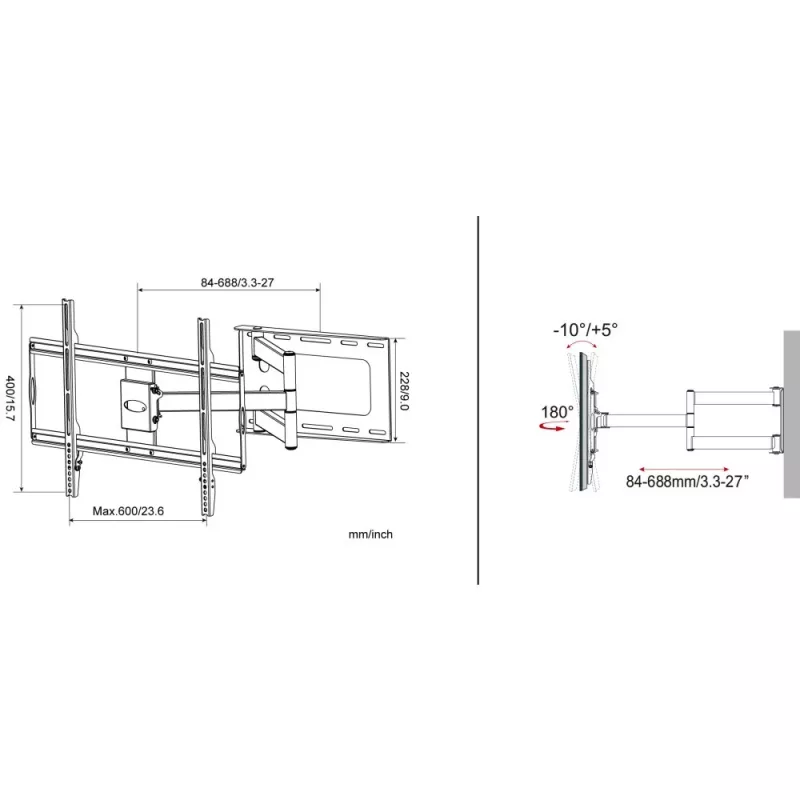 Techly plonas sieninis laikiklis 32-70 col. LCD LED televizoriui, juodas, 81,3 cm (32 col.), 177,8 cm (70 col.), 45 kg, 600 x 400 mm, -10 - 5°, juodas