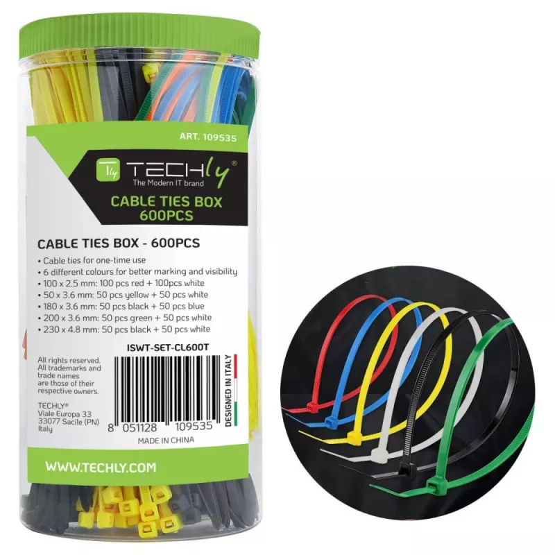 Techly ISWT-SET-CL600T kabelių raištis Lygiagretaus įvado kabelių raištis Nailonas Įvairiaspalvis 600 vnt.