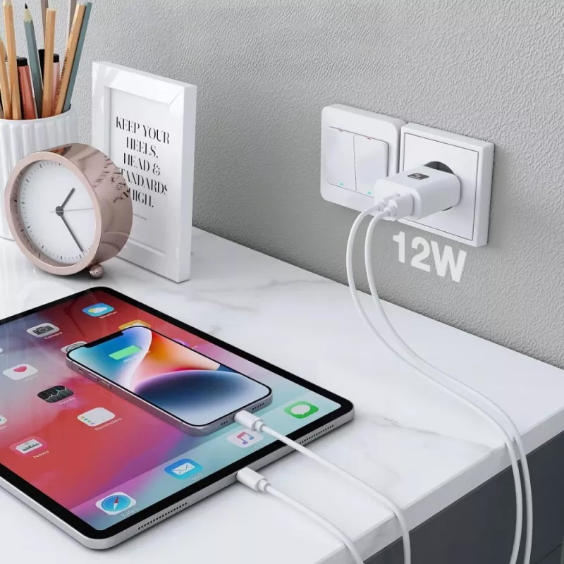 Techly IPW-USB-12W2A mobiliojo įrenginio įkroviklis Ausinės, Nešiojamasis garsiakalbis, Išorinė baterija, Išmanusis telefonas, Planšetinis kompiuteris Balta Kintamoji srovė Vidaus