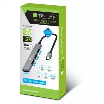 Techly IUSB32-HUB4C-3U2SLS nešiojamojo kompiuterio dokas / prievadų daugintuvas Laidinis USB 3.2 Gen 1 (3.1 Gen 1) Type-C Pilka