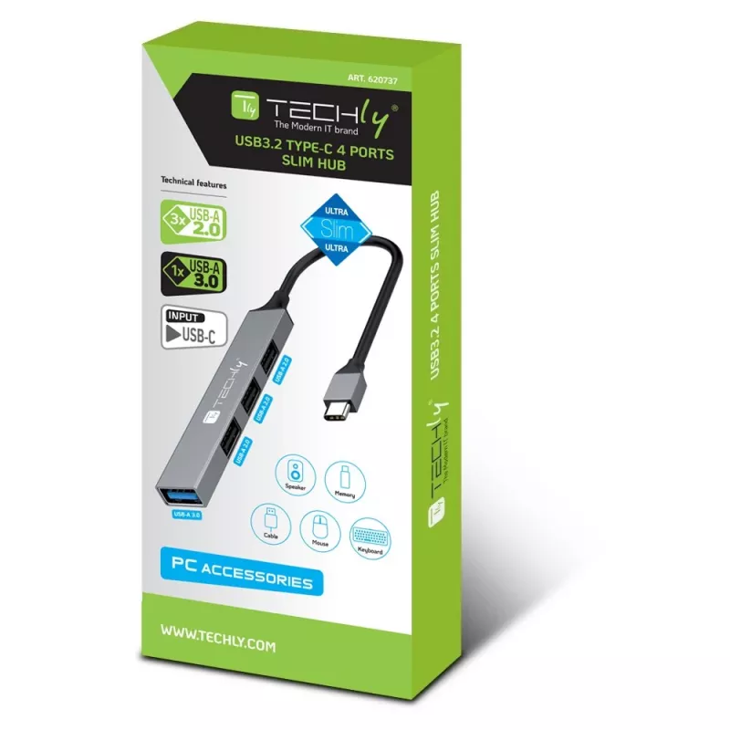 Techly IUSB32-HUB4C-3U2SLS nešiojamojo kompiuterio dokas / prievadų daugintuvas Laidinis USB 3.2 Gen 1 (3.1 Gen 1) Type-C Pilka