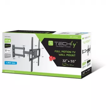 Techly 32-55 col. pilno judesio LED LCD televizoriaus sieninis laikiklis, 400 x 400 mm, -15 - 10°, 10 - 90°, 180°, plienas, juodas