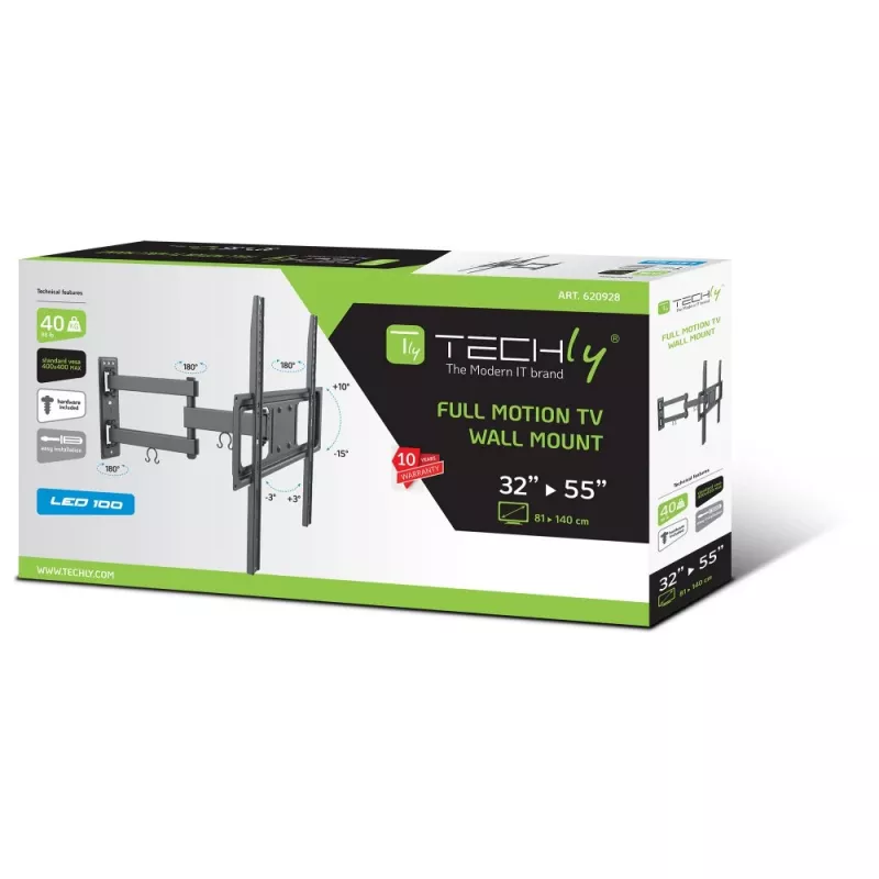 Techly 32-55 col. pilno judesio LED LCD televizoriaus sieninis laikiklis, 400 x 400 mm, -15 - 10°, 10 - 90°, 180°, plienas, juodas