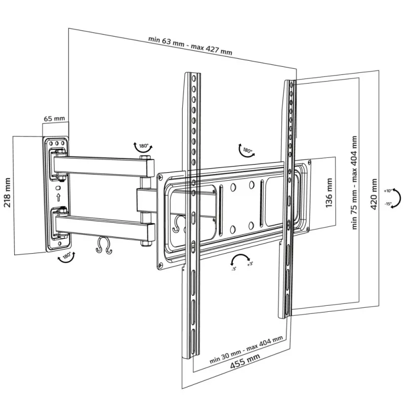 Techly 32-55 col. pilno judesio LED LCD televizoriaus sieninis laikiklis, 400 x 400 mm, -15 - 10°, 10 - 90°, 180°, plienas, juodas