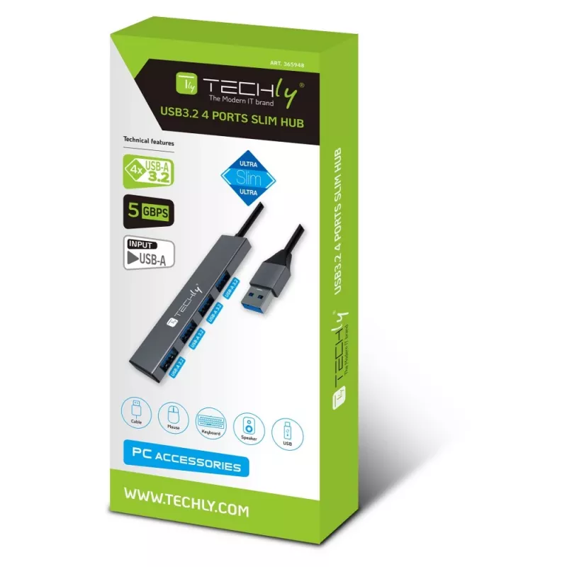 Techly IUSB32-HUB4A-4U3SL nešiojamojo kompiuterio dokas / prievadų daugintuvas Laidinis USB 3.2 Gen 1 (3.1 Gen 1) Type-A Pilka