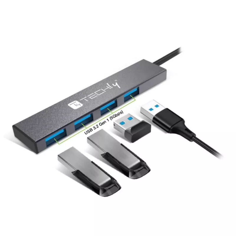 Techly IUSB32-HUB4A-4U3SL nešiojamojo kompiuterio dokas / prievadų daugintuvas Laidinis USB 3.2 Gen 1 (3.1 Gen 1) Type-A Pilka