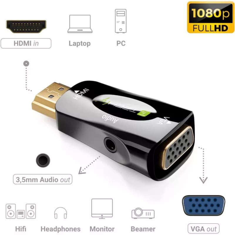 Techly IDATA HDMI-VGA2MABT2 vaizdo signalo keitiklis Pasyvus vaizdo keitiklis 1920 x 1080 pikselių