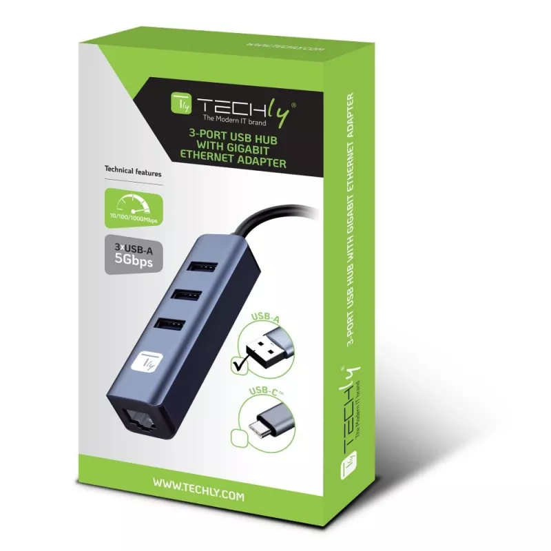 Techly IDATA USB-ETGIGA3AA nešiojamojo kompiuterio dokas / prievadų replikatorius Laidinis USB 3.2 Gen 1 (3.1 Gen 1) Type-A Juoda, Sidabrinė