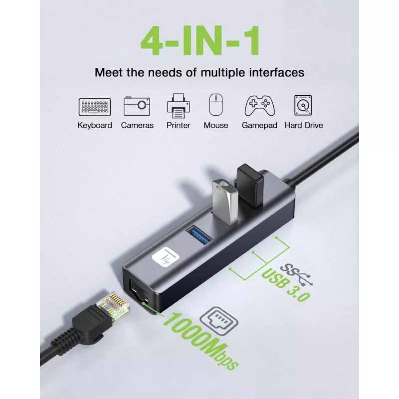 Techly IDATA USB-ETGIGA3AA nešiojamojo kompiuterio dokas / prievadų replikatorius Laidinis USB 3.2 Gen 1 (3.1 Gen 1) Type-A Juoda, Sidabrinė
