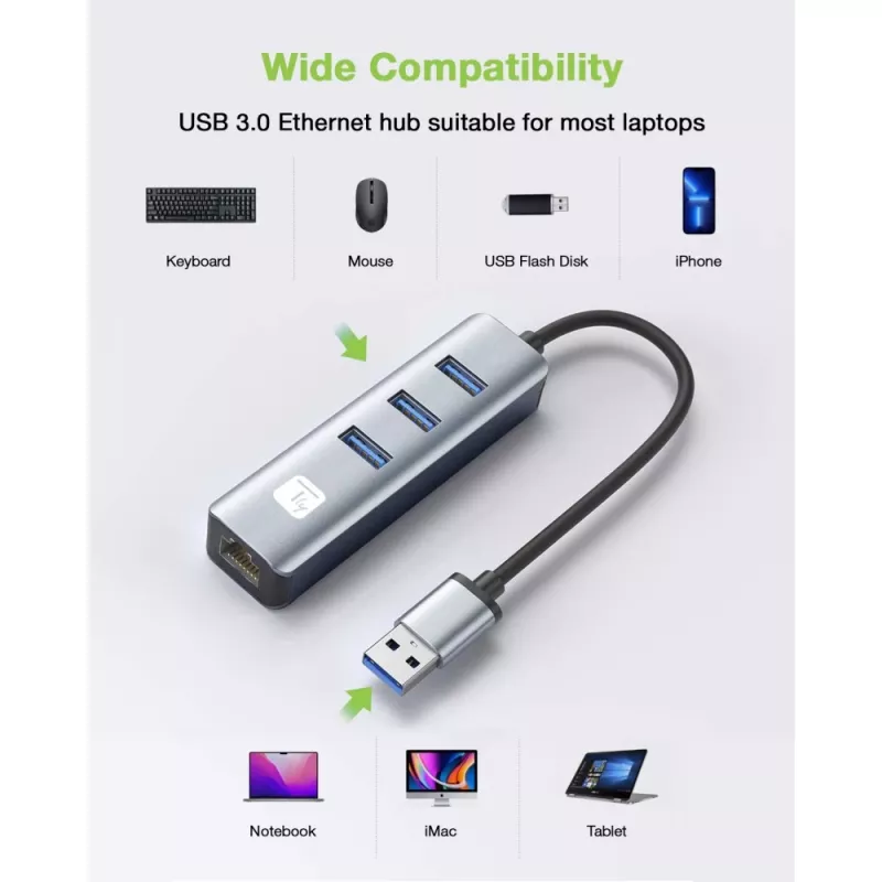 Techly IDATA USB-ETGIGA3AA nešiojamojo kompiuterio dokas / prievadų replikatorius Laidinis USB 3.2 Gen 1 (3.1 Gen 1) Type-A Juoda, Sidabrinė