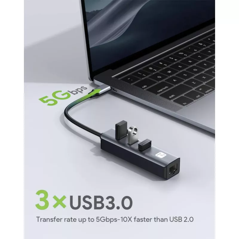 Techly IDATA USB-ETGIGA3CA nešiojamojo kompiuterio dokas / prievadų replikatorius Laidinis USB 3.2 Gen 1 (3.1 Gen 1) Type-A + Type-C Juoda, Sidabrinė