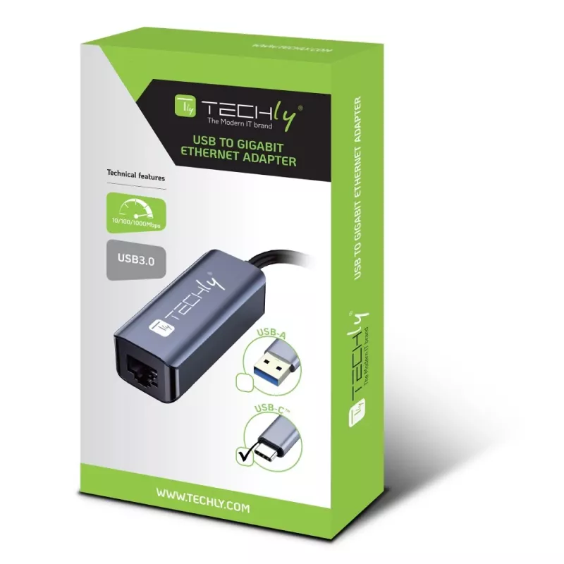 Techly IDATA USB-ETGIGA-CA nešiojamojo kompiuterio dokas / prievado replikatorius Laidinis USB 3.2 Gen 1 (3.1 Gen 1) Type-C Juoda, Sidabrinė
