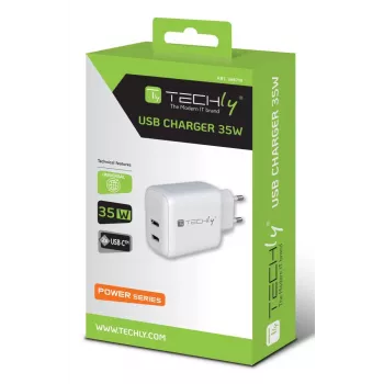 Techly IPW-USB-2C35W mobiliojo įrenginio įkroviklis Nešiojamasis kompiuteris, Išmanusis telefonas, Planšetinis kompiuteris Balta Kintamoji srovė Greitasis įkrovimas Vidinis