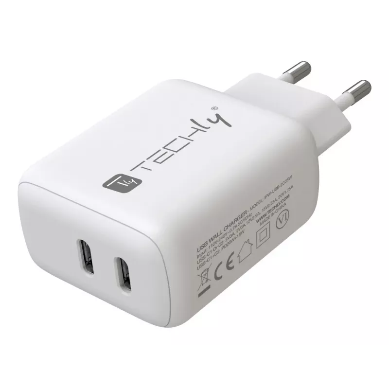 Techly IPW-USB-2C35W mobiliojo įrenginio įkroviklis Nešiojamasis kompiuteris, Išmanusis telefonas, Planšetinis kompiuteris Balta Kintamoji srovė Greitasis įkrovimas Vidinis