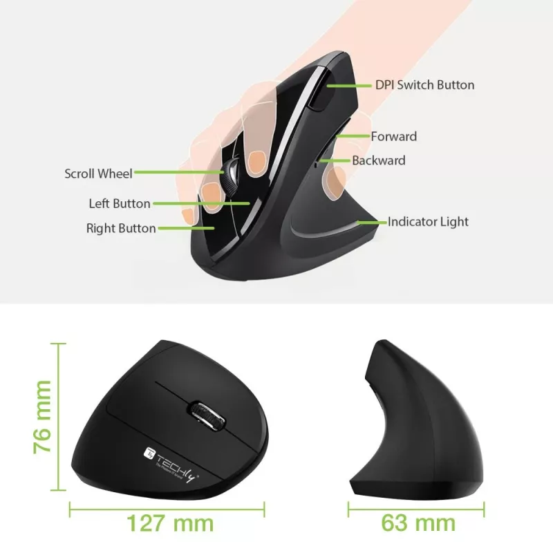 Techly IM 1200-VM-B pelė, medicininė, dešiniarankė, RF belaidė, optinė, 1600 DPI