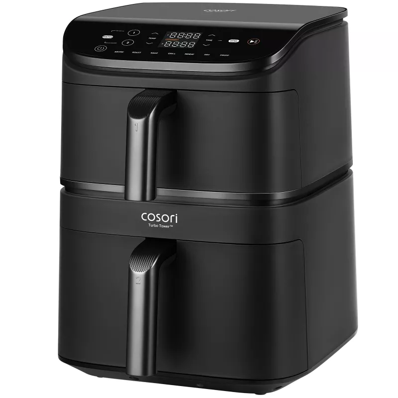 Cosori Turbo Tower Dvigubas 10,8 L atskirai stovinti 2630 W karšto oro gruzdintuvė Juoda
