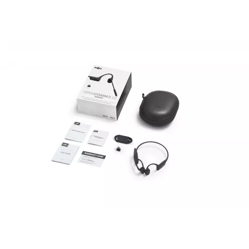 SHOKZ OpenComm2 UC 2025 Upgrade belaidės Bluetooth kaulinio garso laidumo ausinės, skirtos vaizdo konferencijoms, su USB-C įkrovimo prievadu ir USB-C adapteriu | Iki 16 val. pokalbio laiko, 29 m belaidžio ryšio nuotolis, 1 val. įkrovimo laikas | Su triukšmą slopinančiu mikrofonu ir raktu, juodos