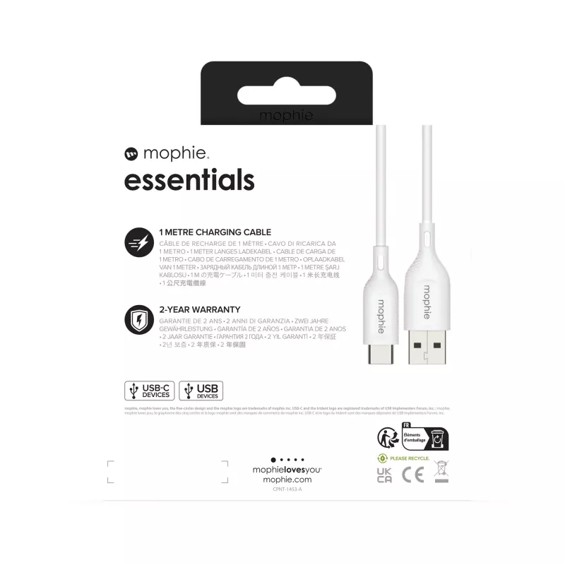 mophie essentials įkrovimo kabeliai | 1M USB kabelis USB 2.0 USB A USB C baltas