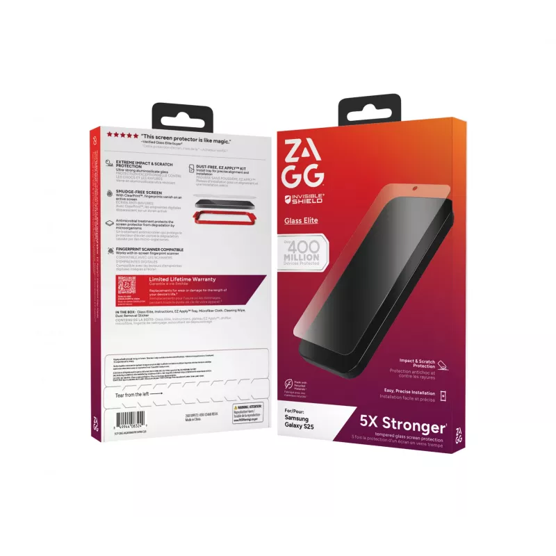 InvisibleShield Glass Elite Samsung Galaxy S25 ekrano apsauga, Samsung, Galaxy S25, Antibakterinė, Atspari smūgiams, Atspari įbrėžimams, Skaidri, 1 vnt.