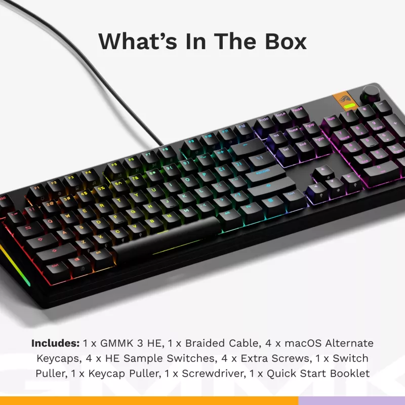 Glorious Gaming GMMK 3 HE 100% Paruošta naudoti laidinė juoda - US, Laidinė, USB, Mechaninė, QWERTY, RGB LED, Juoda