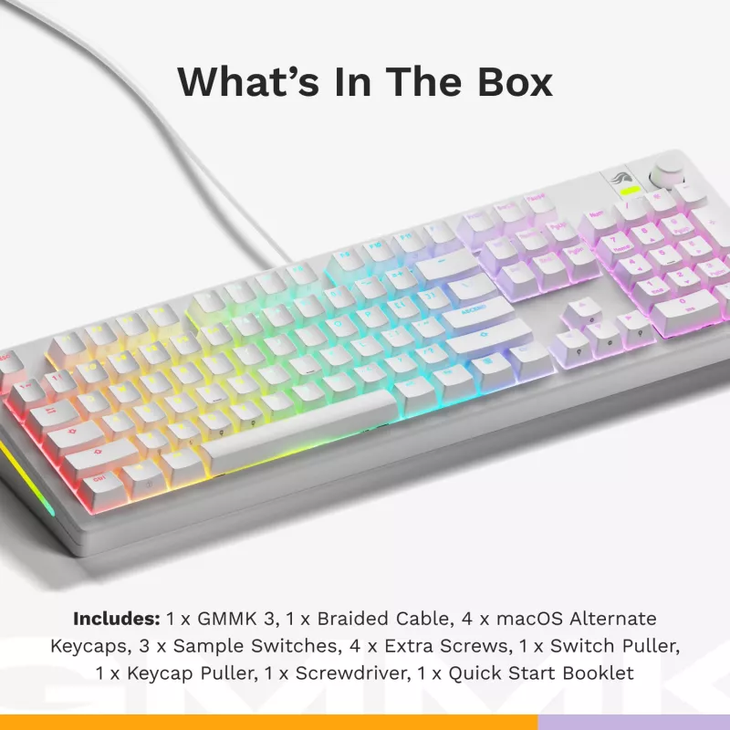 Glorious Gaming GMMK 3 100% Prebuilt Wired White - US, laidinis, USB, mechaninė, QWERTY, RGB LED, balta