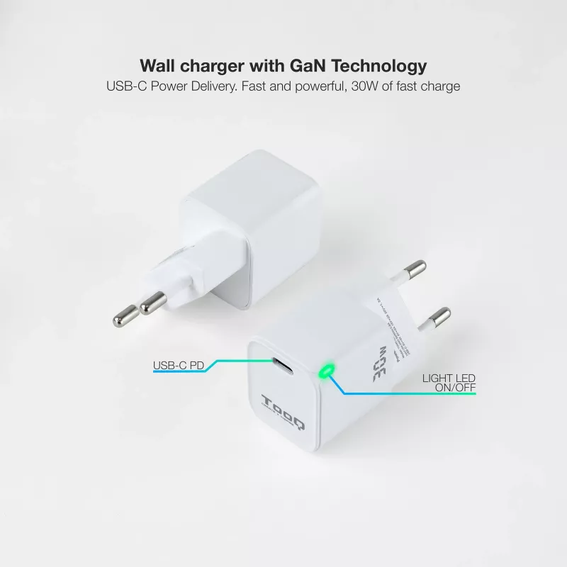 TooQ GAN USB-C/PD sieninis įkroviklis 30 W, baltas, skirtas naudoti patalpose, kintamoji srovė, baltas