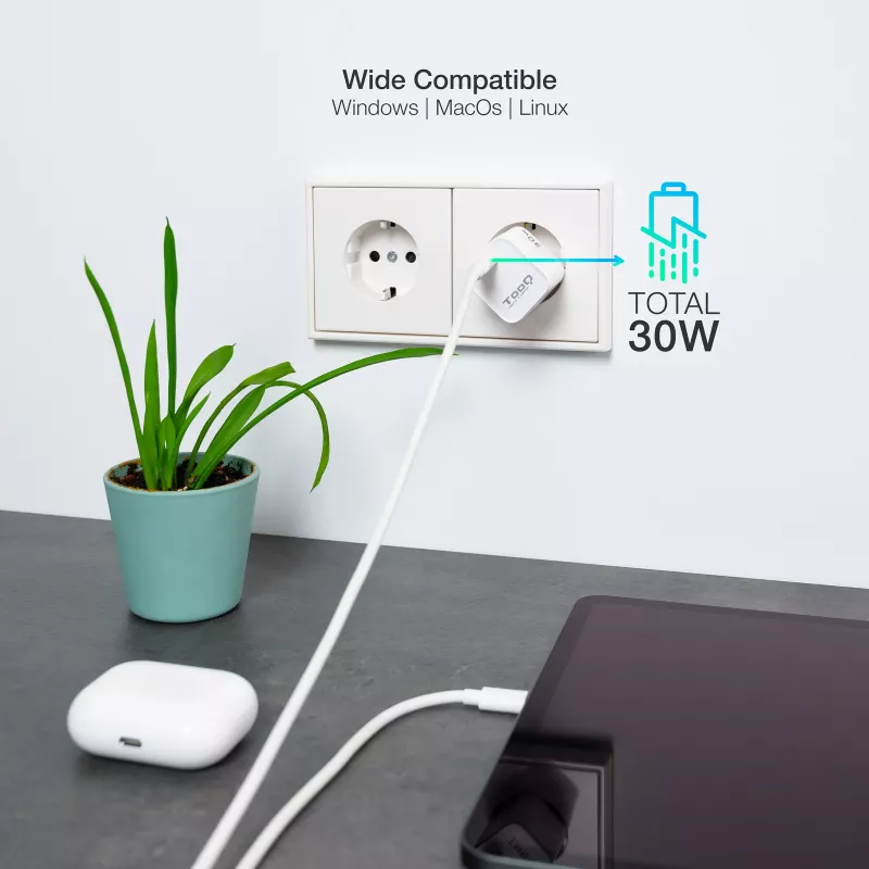 TooQ GAN USB-C/PD sieninis įkroviklis 30 W, baltas, skirtas naudoti patalpose, kintamoji srovė, baltas