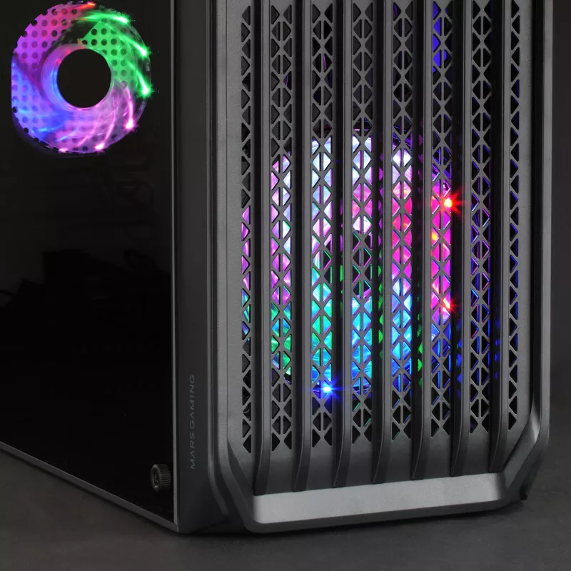 Mars Gaming MC-S2 Juodas Kompaktiškas Micro-ATX Žaidimų Kompiuterio Korpusas su 2 FRGB Vaivorykštiniais Ventiliatoriais, Priekinėmis Grotelėmis ir Visišku Šoniniu Langu