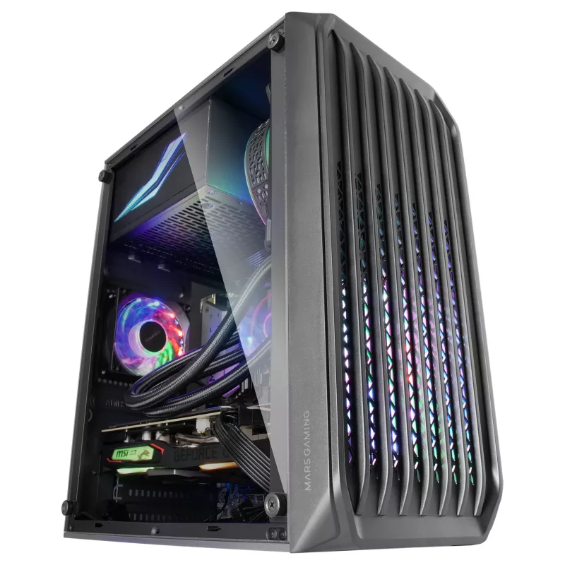 Mars Gaming MC-S2 Juodas Kompaktiškas Micro-ATX Žaidimų Kompiuterio Korpusas su 2 FRGB Vaivorykštiniais Ventiliatoriais, Priekinėmis Grotelėmis ir Visišku Šoniniu Langu