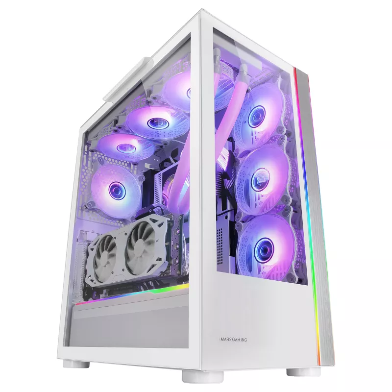 Mars Gaming MC-ULTRA White Custom XXL E-ATX Gaming Tower Dual ARGB LED Stripes Dual Tempered Glass Windows Dual Vertical Camera Structure