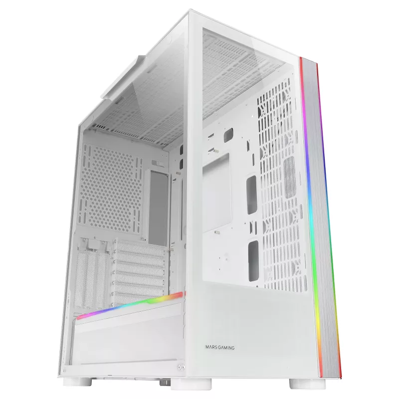 Mars Gaming MC-ULTRA White Custom XXL E-ATX Gaming Tower Dual ARGB LED Stripes Dual Tempered Glass Windows Dual Vertical Camera Structure