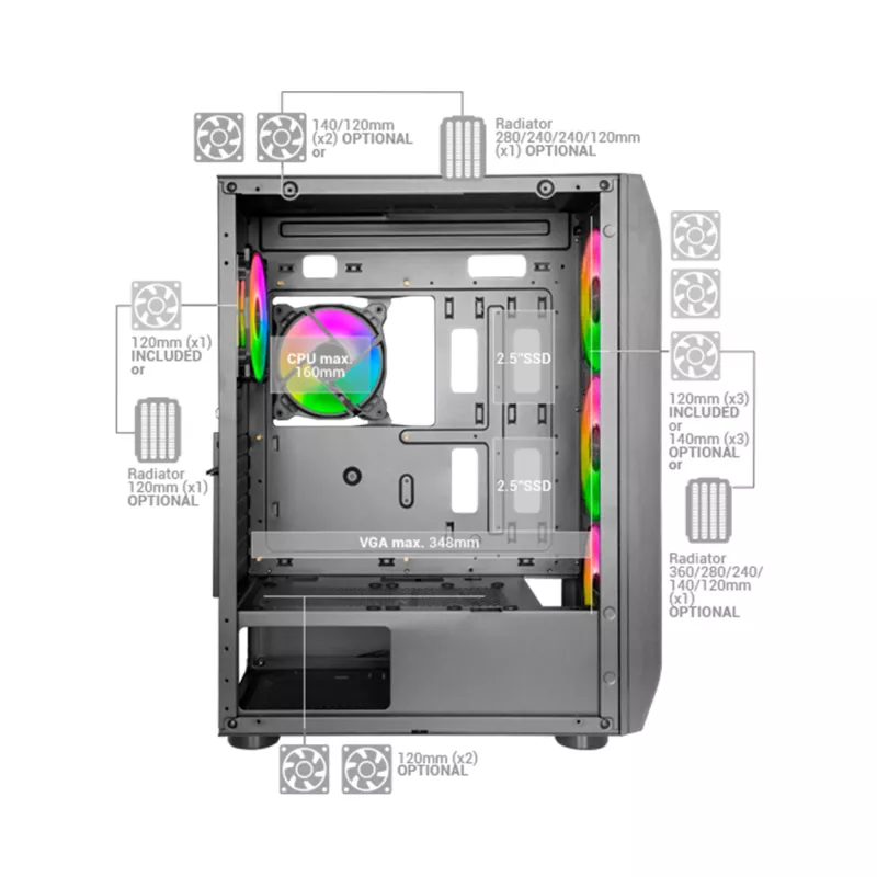 Mars Gaming MC-KX White Premium E-ATX Gaming Tower FREEZER CPU System 5 Ultra-quiet ARGB Fans ARGB valdiklis and RF valdiklis Mesh Front