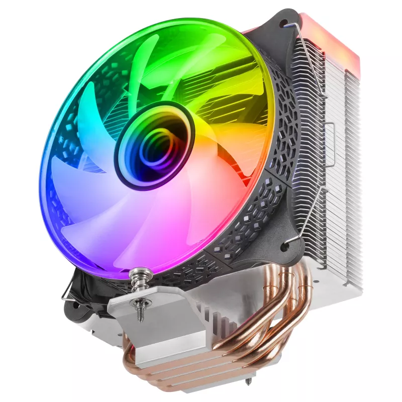 Mars Gaming MCPU-VR juodas procesoriaus aušintuvas su dvigubu begalybės veidrodžio ARGB efektu, 4 HCT šilumos vamzdeliais, 180 W TDP, itin tyliu 12 cm PWM ventiliatoriumi