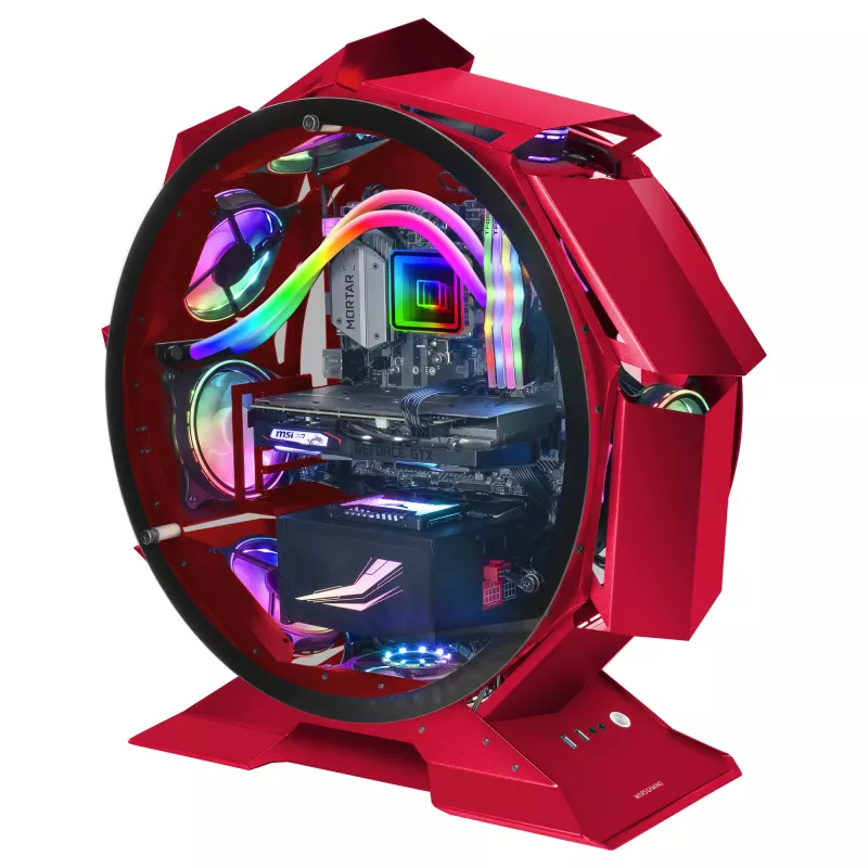Mars Gaming MCORB Red Micro-ATX XL Gaming PC Case Custom Circular Design Double Tempered Glass