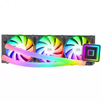 Mars Gaming ML-ULTRA360 Juoda skysčio CPU aušintuvas TDP 650W begalybės veidrodis 3 tylūs FDB ARGB ventiliatoriai ARGB vamzdeliai universalus multisocket