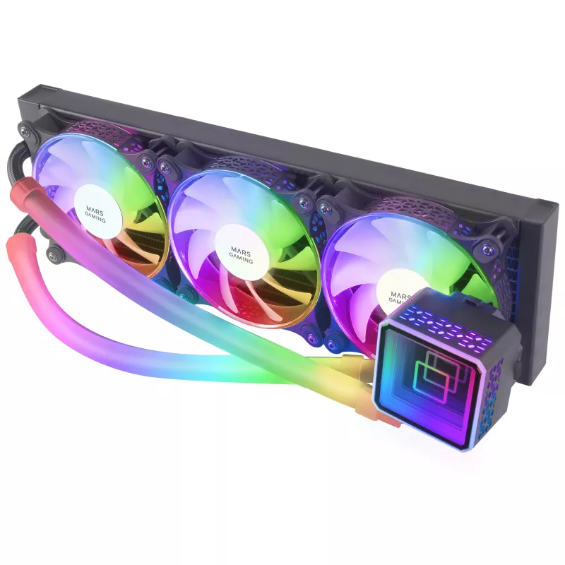 Mars Gaming ML-ULTRA360 Juoda skysčio CPU aušintuvas TDP 650W begalybės veidrodis 3 tylūs FDB ARGB ventiliatoriai ARGB vamzdeliai universalus multisocket