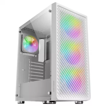 Mars Gaming MC-F White, ATX žaidimų pusiau bokštas, pilnas grūdinto stiklo langas, metalo tinklelio priekis, 4x 120 mm ARGB ventiliatoriai