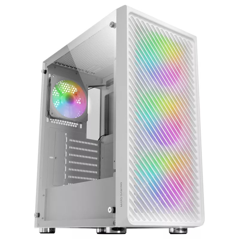 Mars Gaming MC-F White, ATX žaidimų pusiau bokštas, pilnas grūdinto stiklo langas, metalo tinklelio priekis, 4x 120 mm ARGB ventiliatoriai